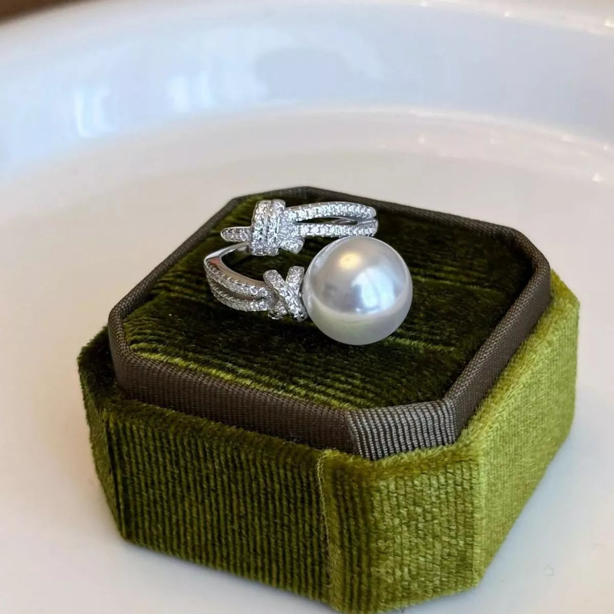 pearl and zircon bypass ring in sterling silver styled look