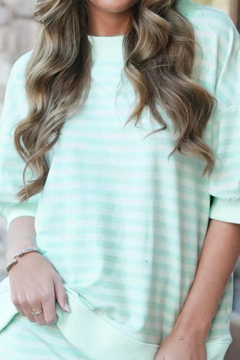 Striped round neck top and matching skirt set side view