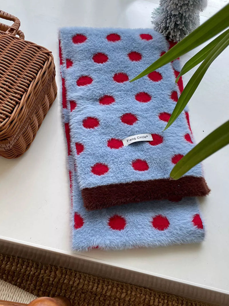 Fuzzy polka dot scarf in soft blue