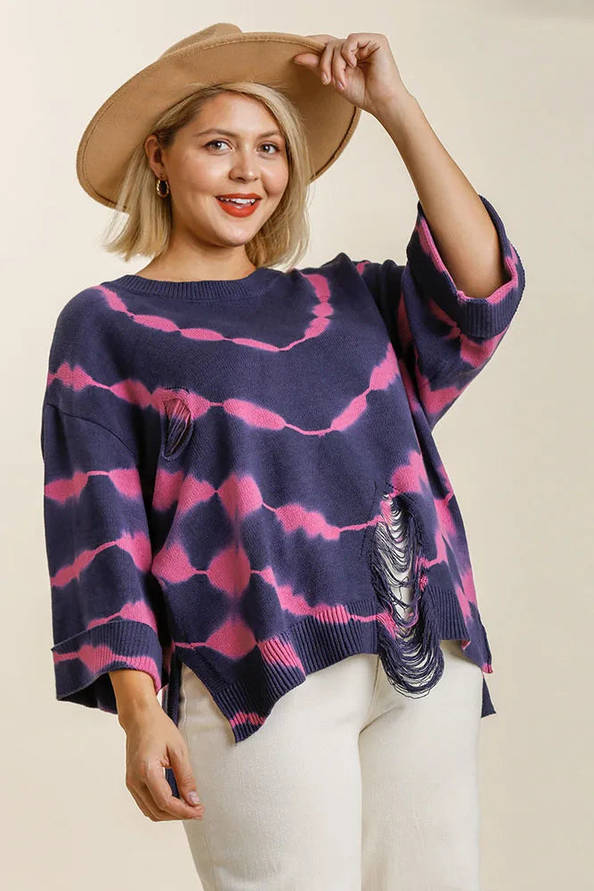 Tie Dye Distressed Side Slit Sweater Plus Size in Navy and Fuchsia detail