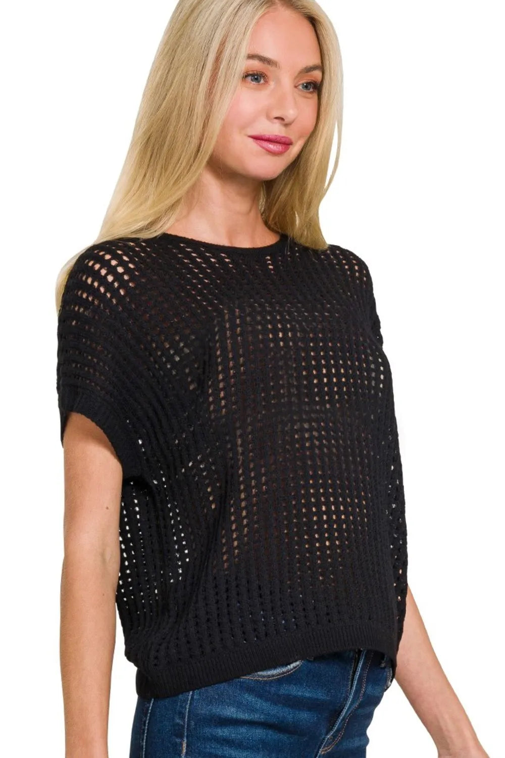 Crochet Knit Sheer Sweater in Black back view