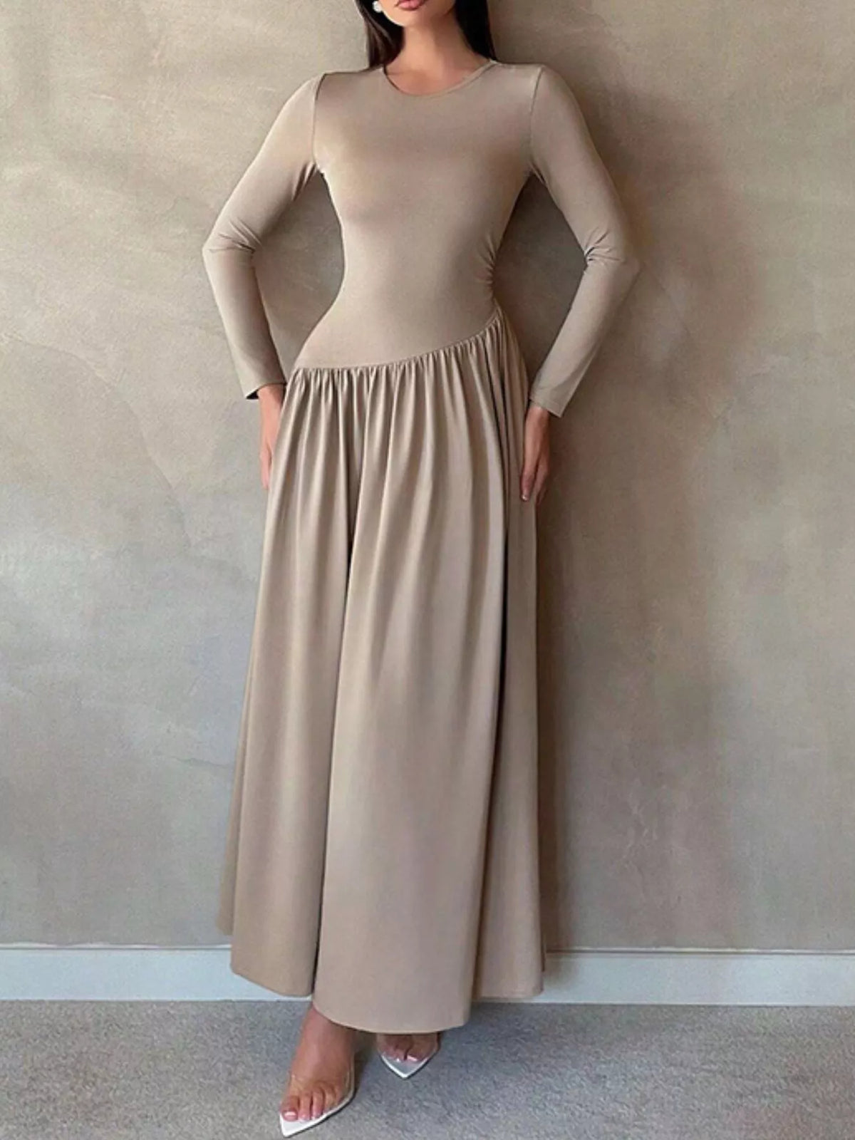 Long Sleeve Ruched A Line Maxi Dress back view