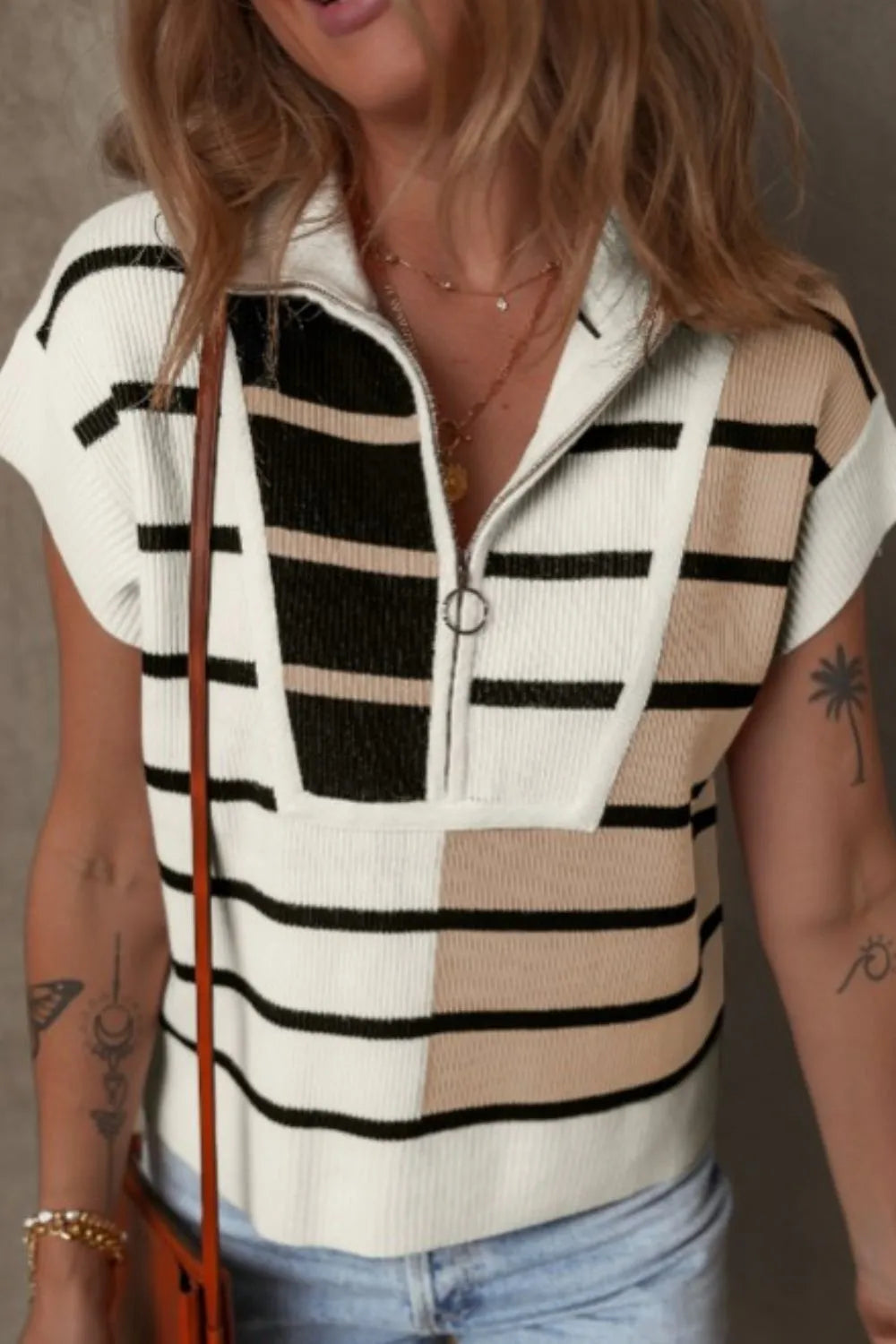 Striped Half Zip Sweater Vest in White and Light Blue back view