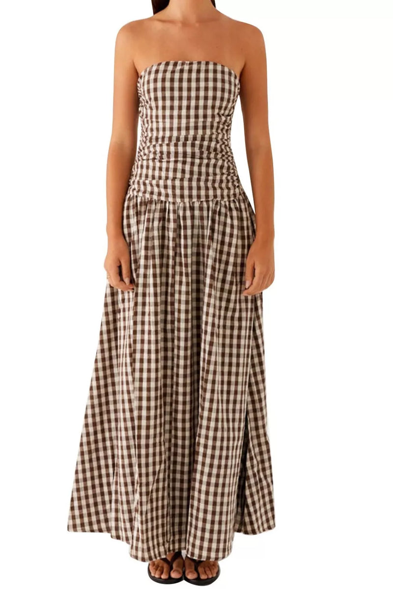 Strapless ruched maxi dress front view