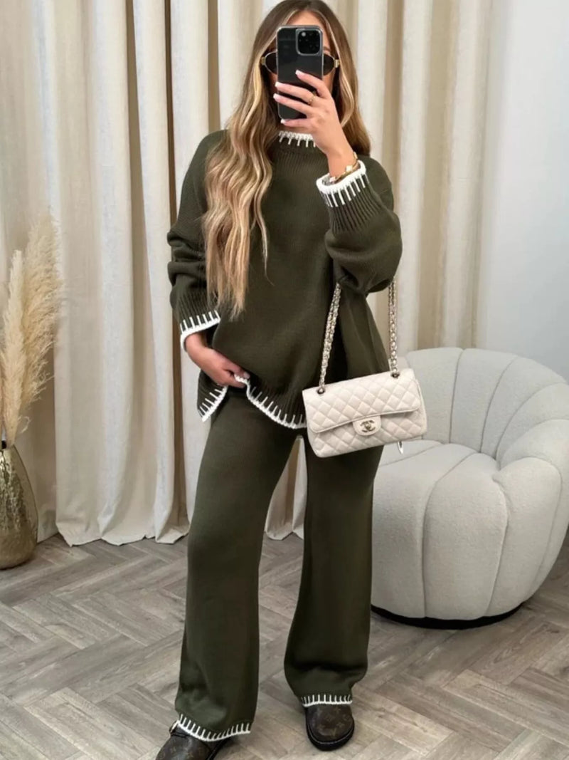 Contrast trim sweater top and pants set front view