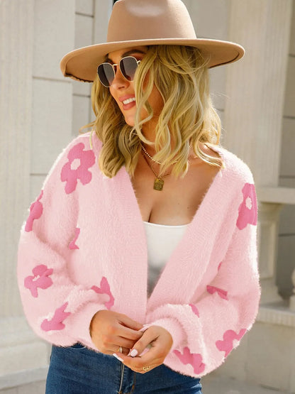 Angel Wings Flower Open Front Long Sleeve Cardigan Blush Pink - Fashorio