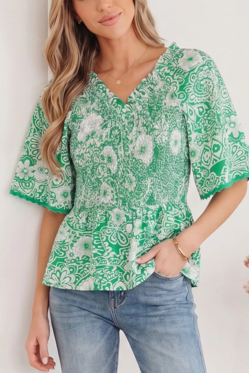 Floral Smocked V Neck Blouse front view