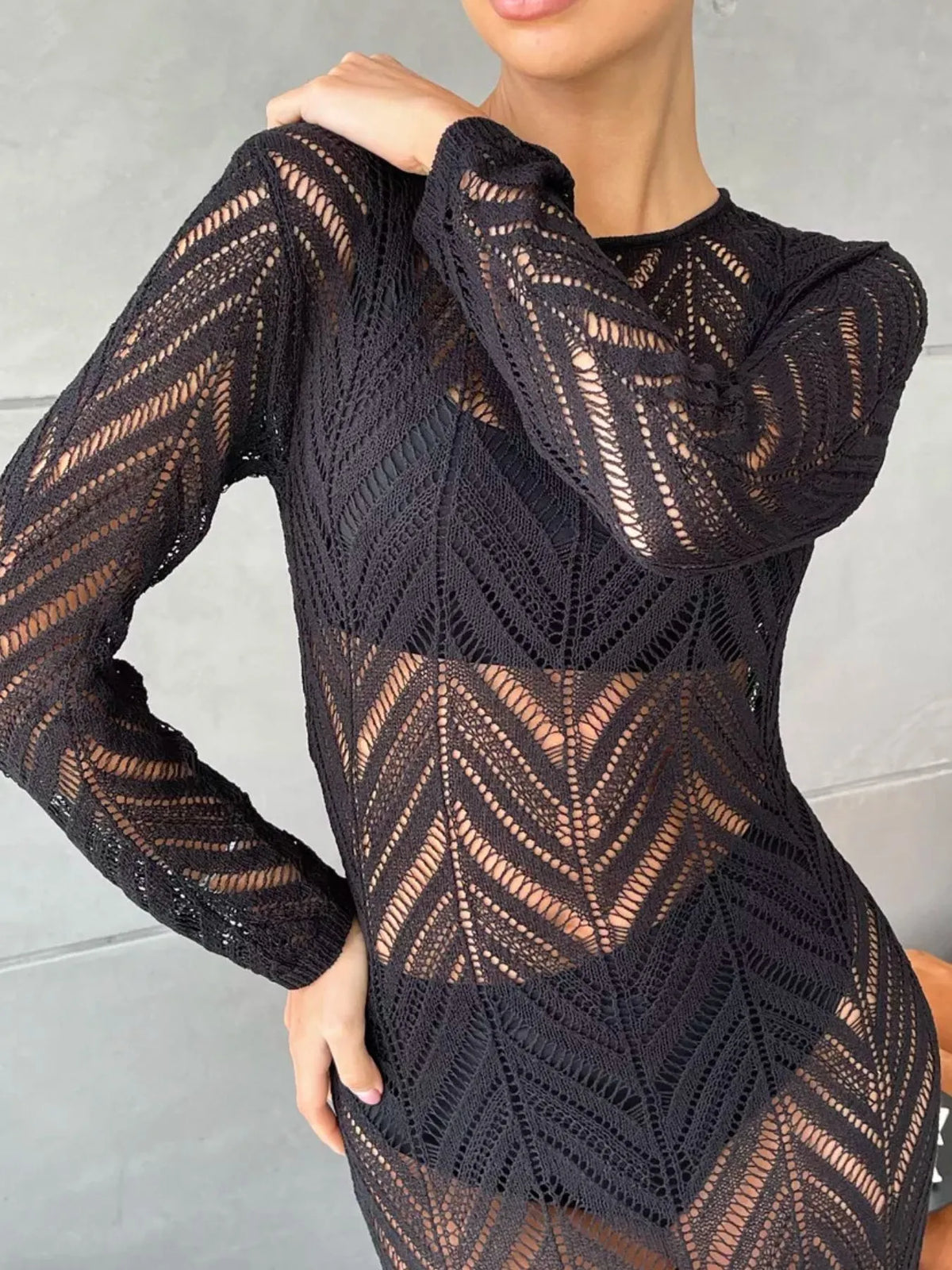 openwork knit long sleeve cover up maxi dress front view