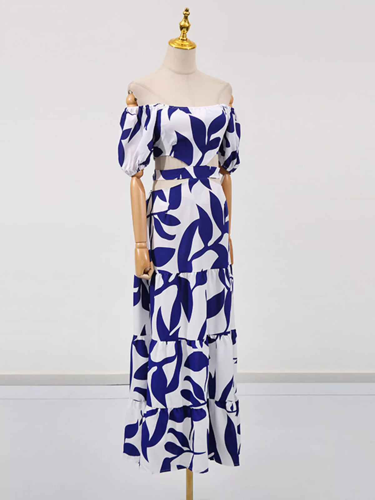 Off shoulder leaf print smocked maxi dress, three quarter view
