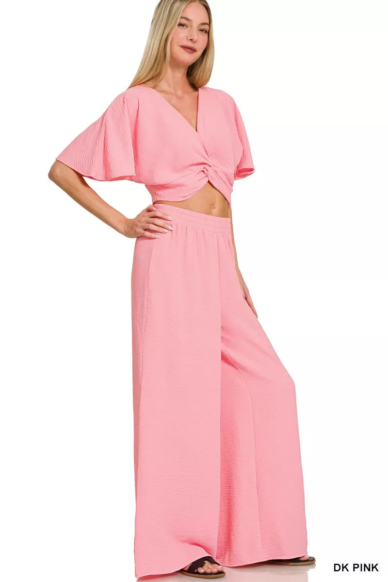 Woven twisted top and wide leg pants two piece set front view