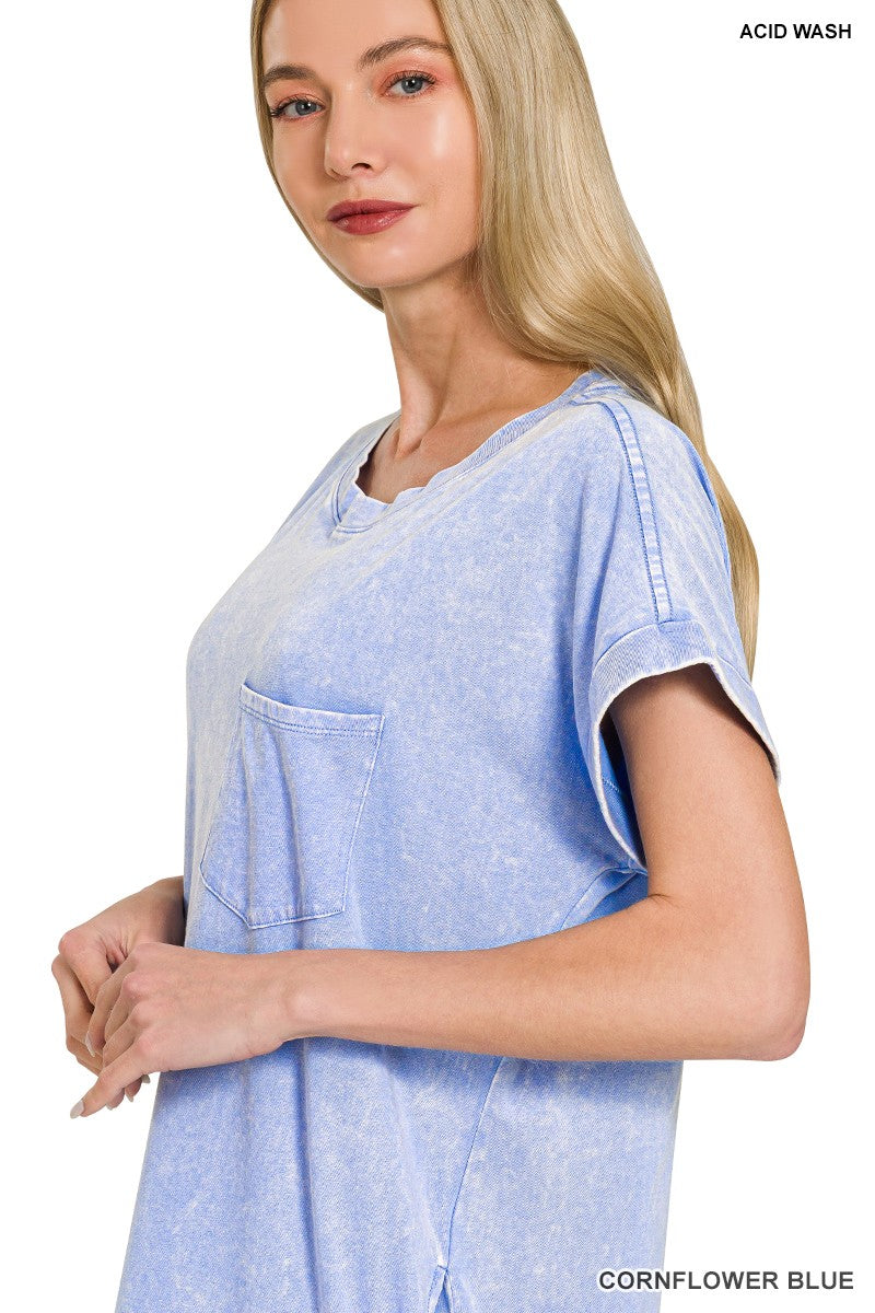 Washed Exposed Seam T Shirt Dress in Cornflower Blue styled look
