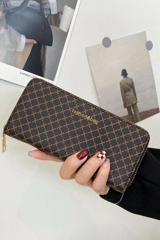 PU Leather Plaid Wallet Coffee Brown One Size - Fashorio