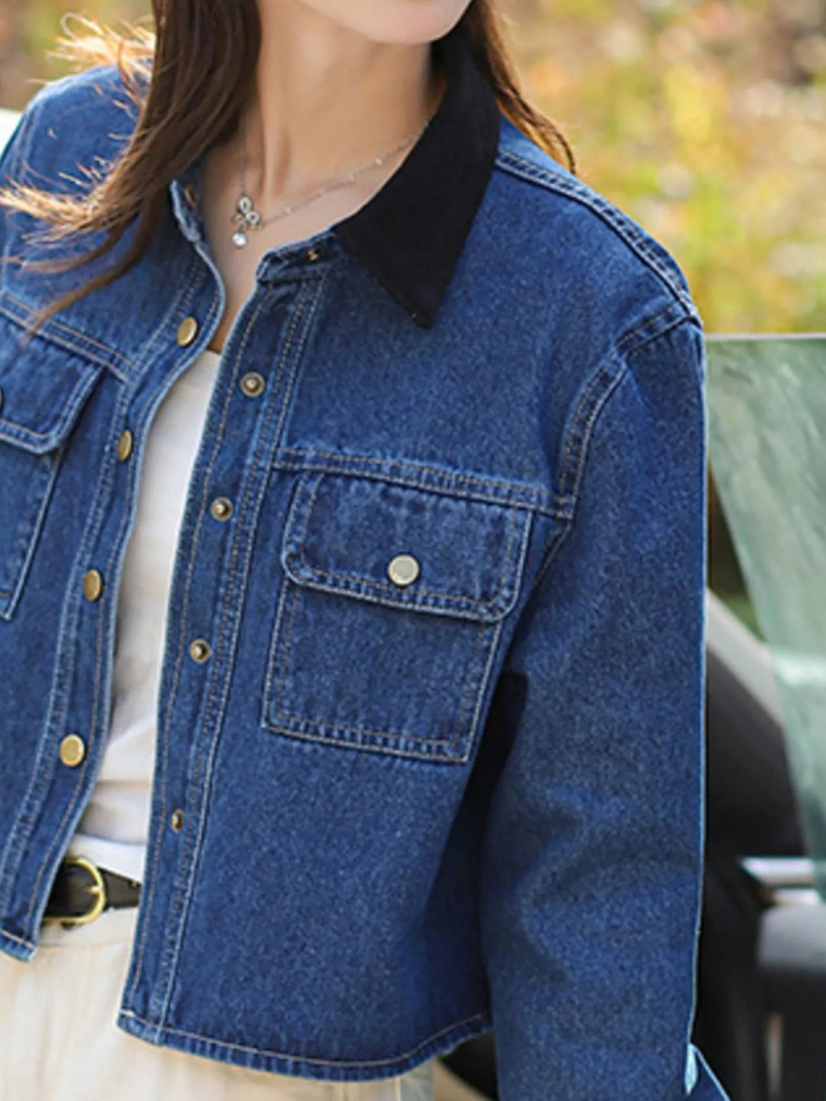 Snap Down Chest Pocket Denim Jacket in Blue detail