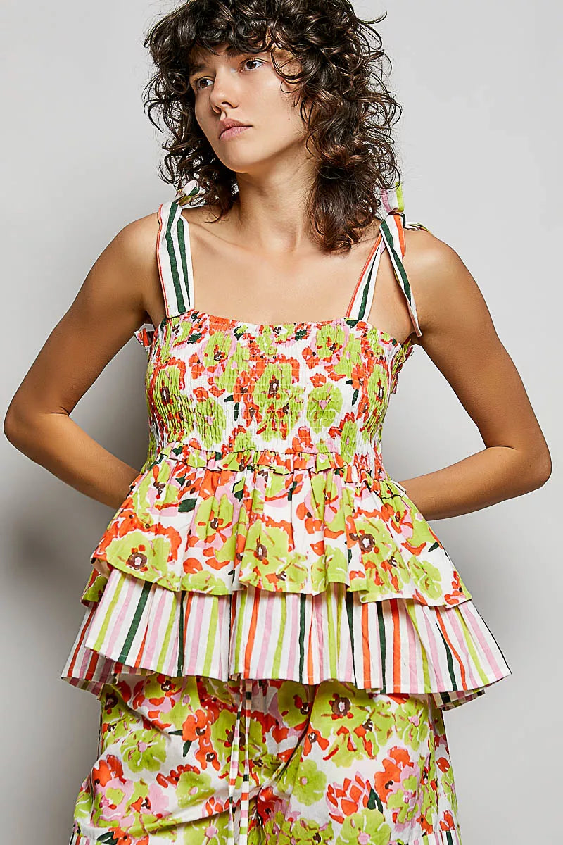 POL lime floral smocked ruffled cami, styled outfit