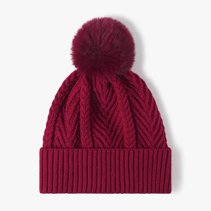 Cable Knit Solid Color Hat with Pompom Burgundy One Size - Fashorio