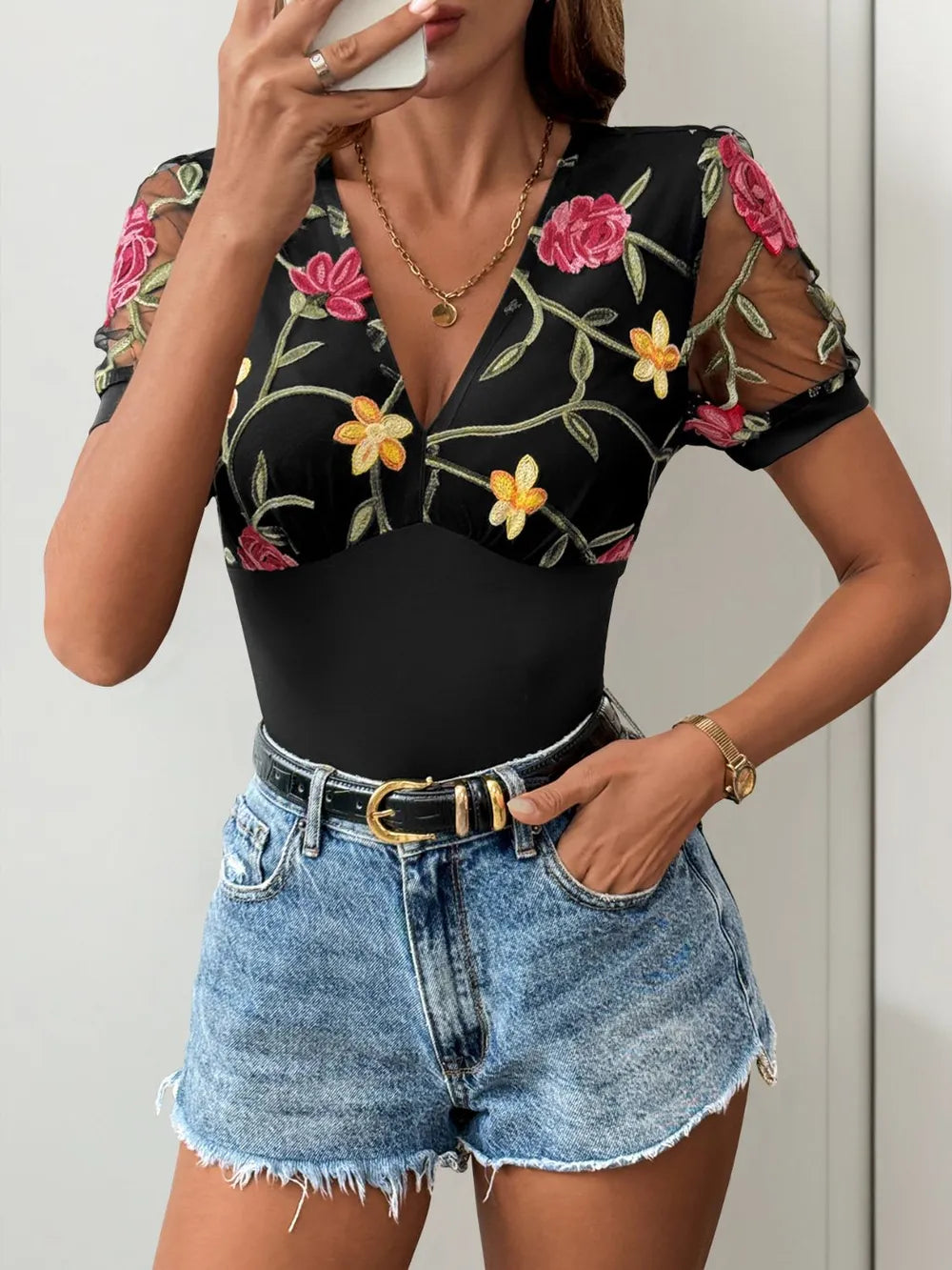 Perfee Embroidered V-Neck Floral Bodysuit - Fashorio