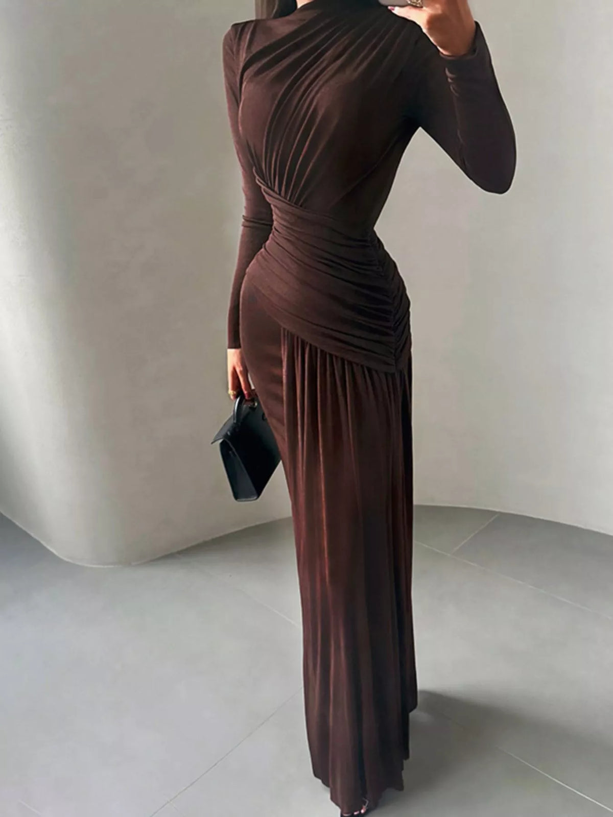Ruched long sleeve maxi dress side view