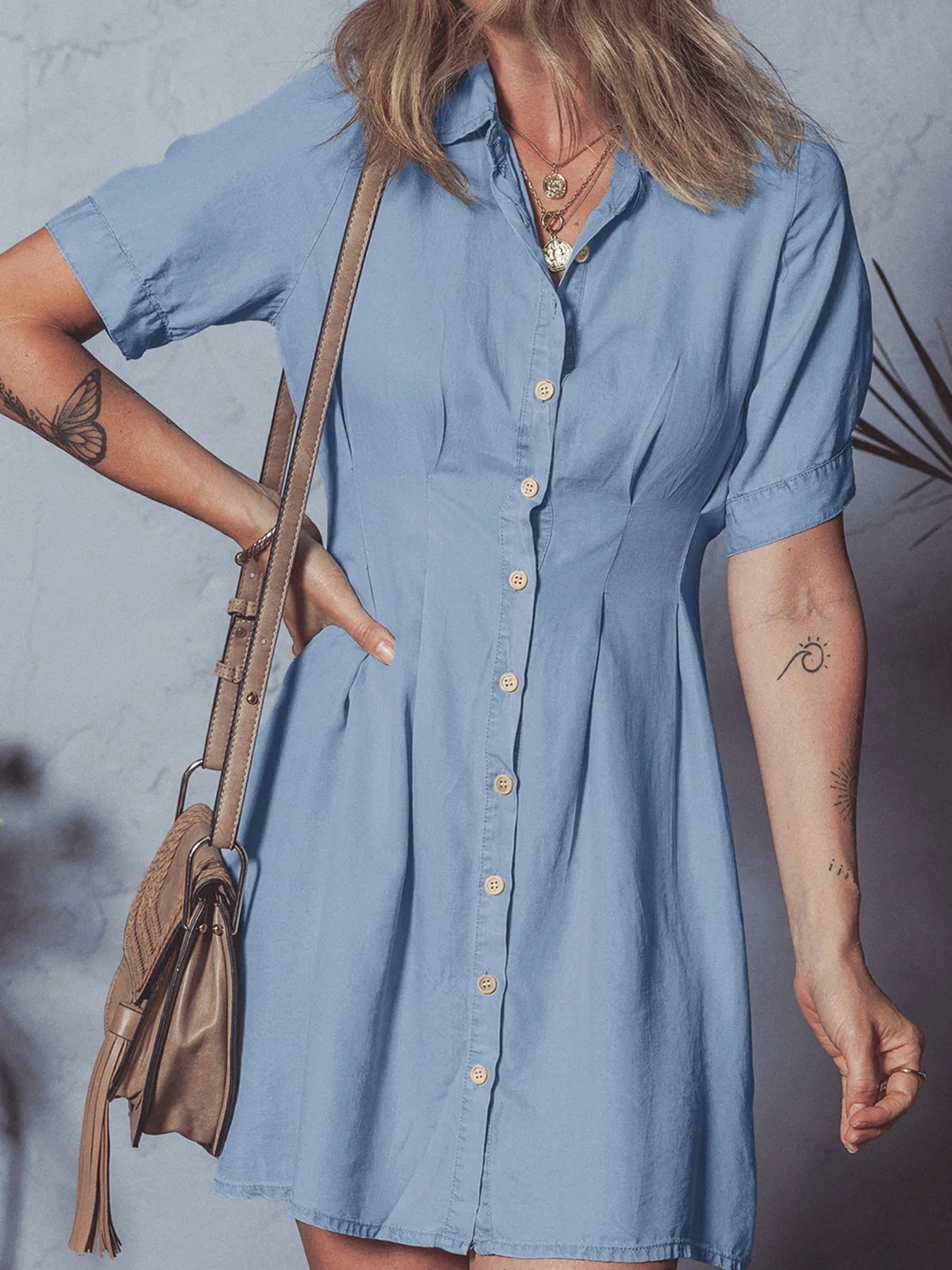Denim Pleated Slim Waist Short Sleeve Shirt Dress - Fashorio