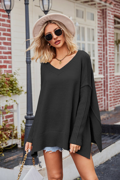 V-Neck Slit Exposed Seam Sweater Black - Fashorio