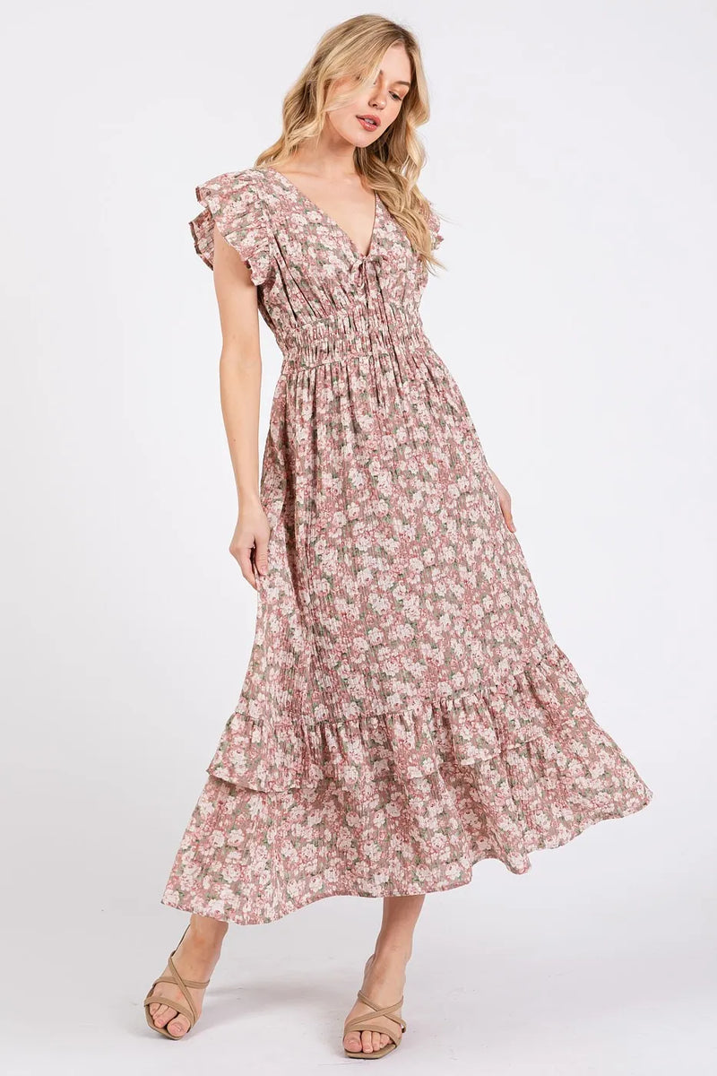 Flower Print Ruffle Cap Sleeve V neck Midi Dress
