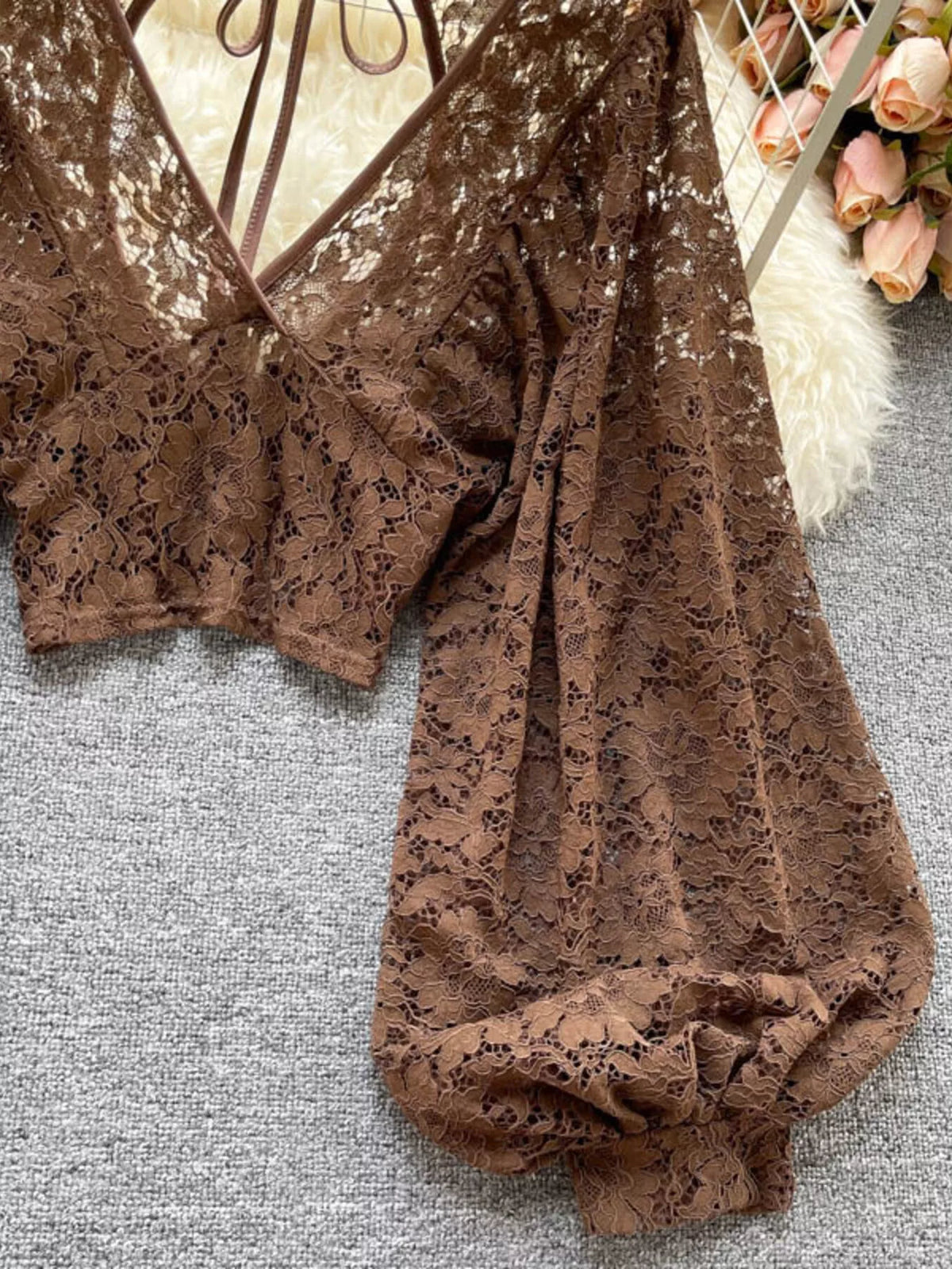 Lace tie back long sleeve top, on model view