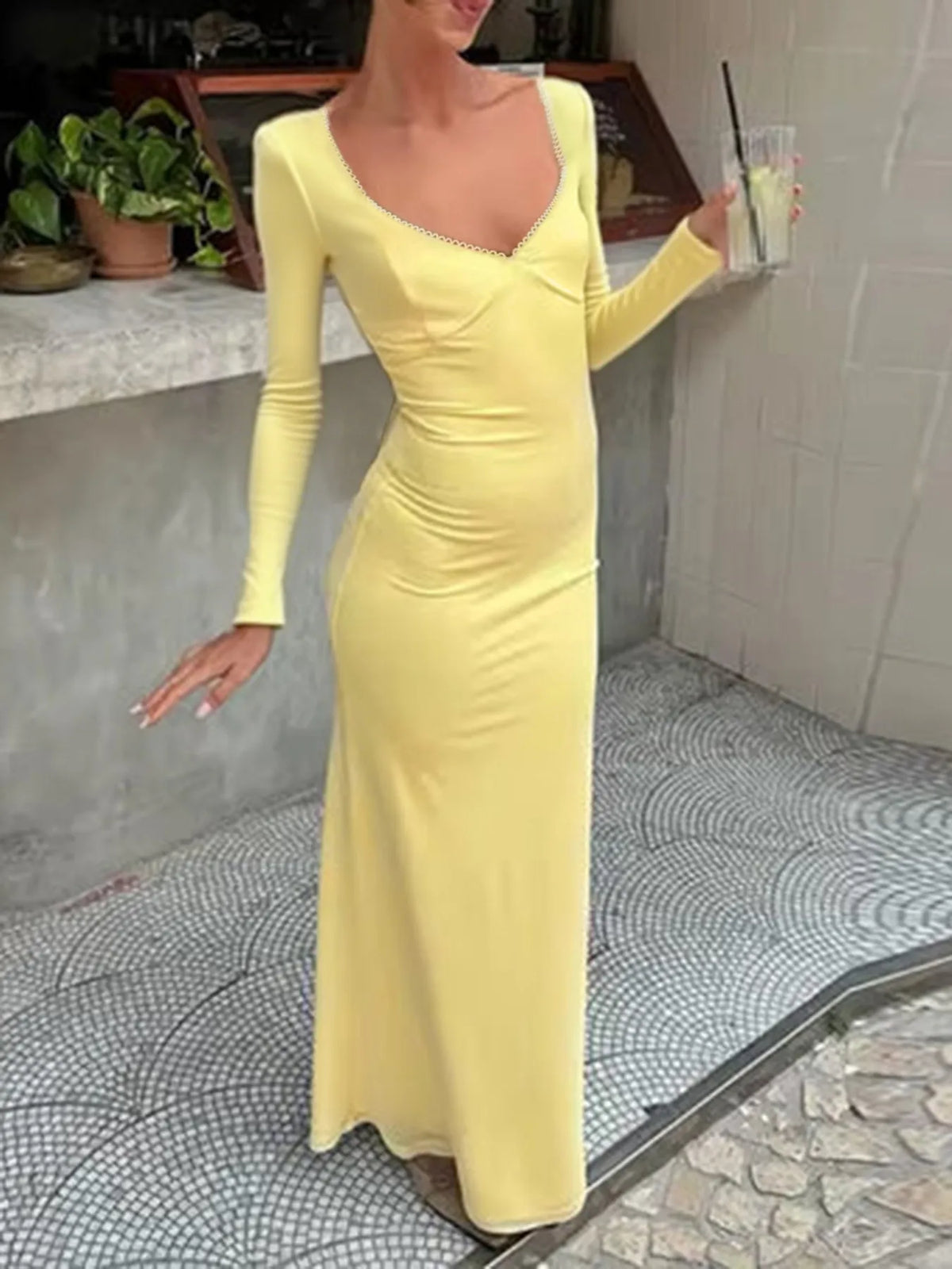 Deep V long sleeve slim maxi dress full length view