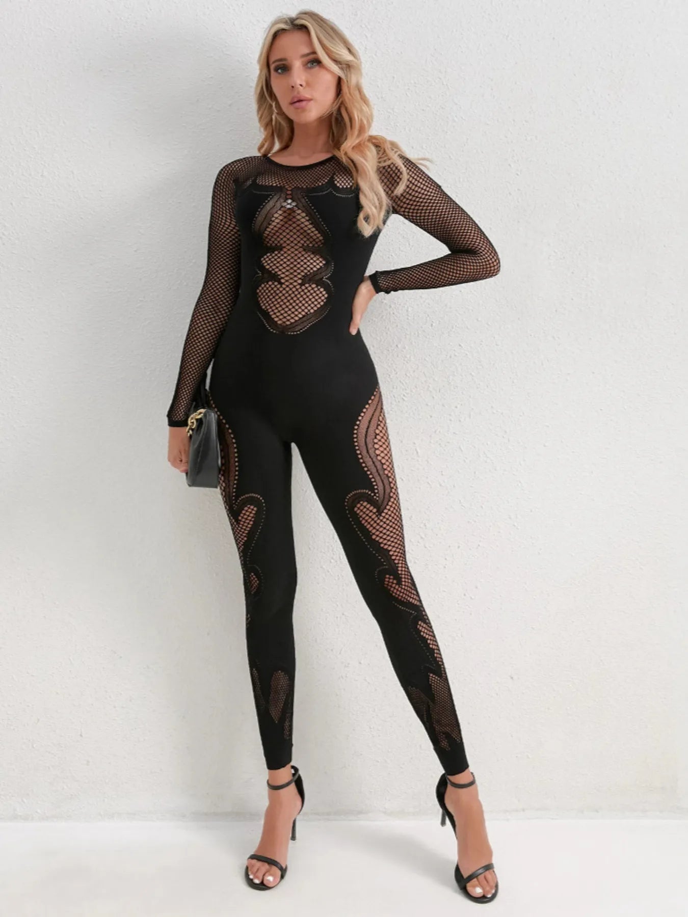 Fishing Net Sheer Long Sleeve Jumpsuit - Fashorio