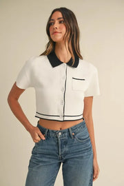 MABLE Button Down Contrast Collared Knit Cardigan Cream - Fashorio