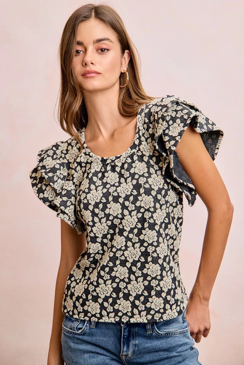 Woven floral jacquard fabric close up detail