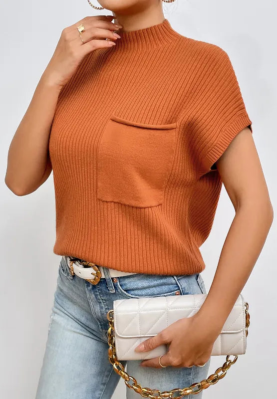 Mock Neck Sweater Vest with Chest Pocket in Caramel side view