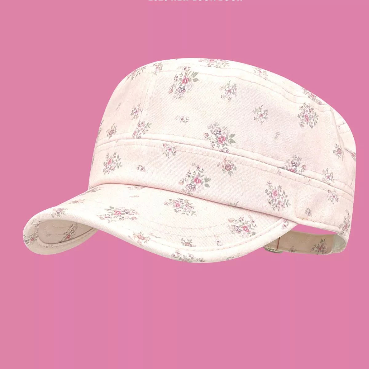 The floral flat top hat shown in an alternate pastel colorway