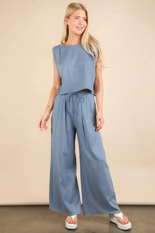 VERY J Solid Woven Top & Pants Set - Fashorio
