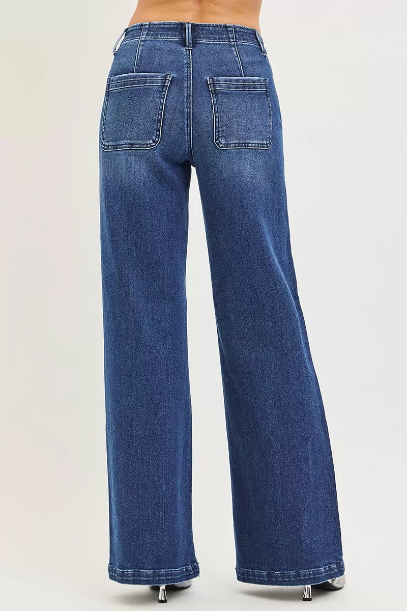 Dark wash wide leg denim jeans full length