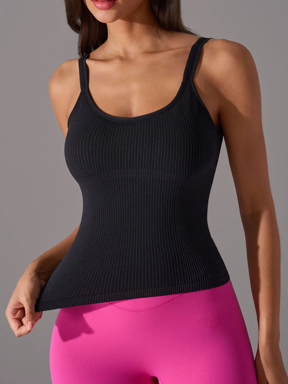 Scoop neck active tank with chest pads close up fabric detail