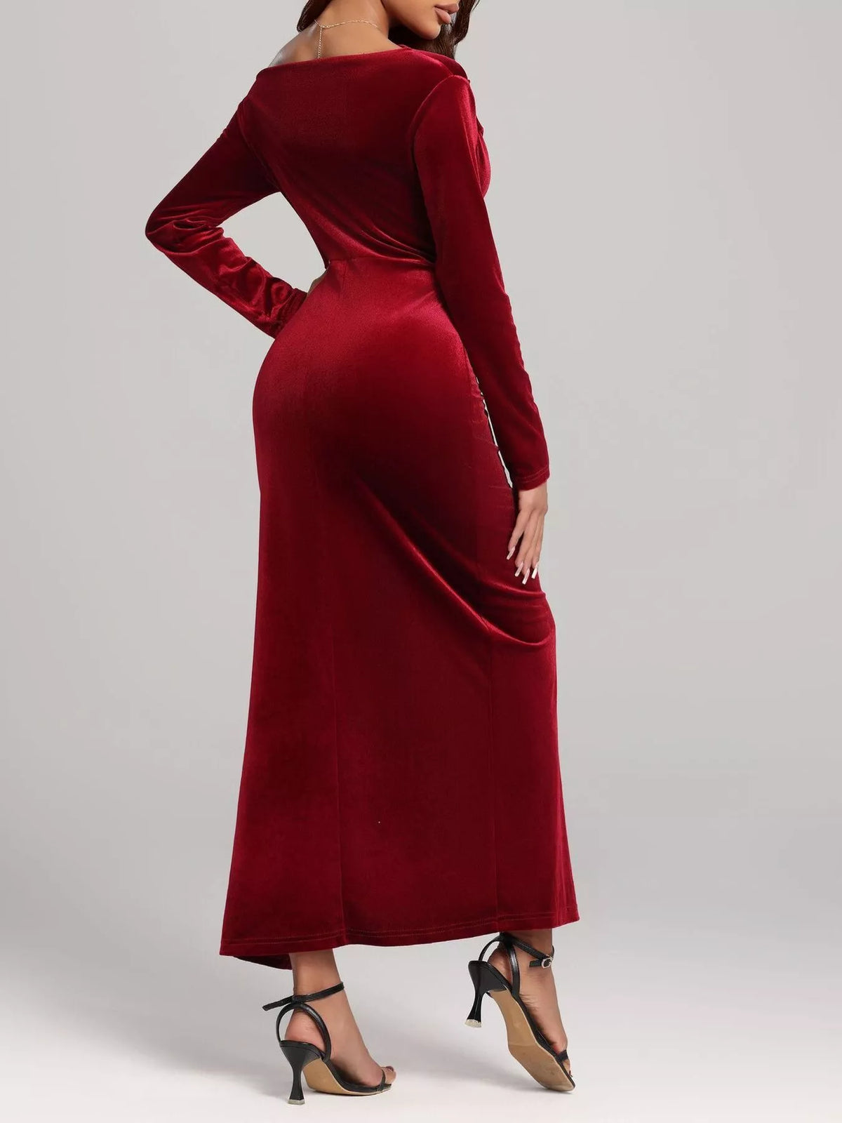 ruched velvet long sleeve slit dress fabric and texture detail