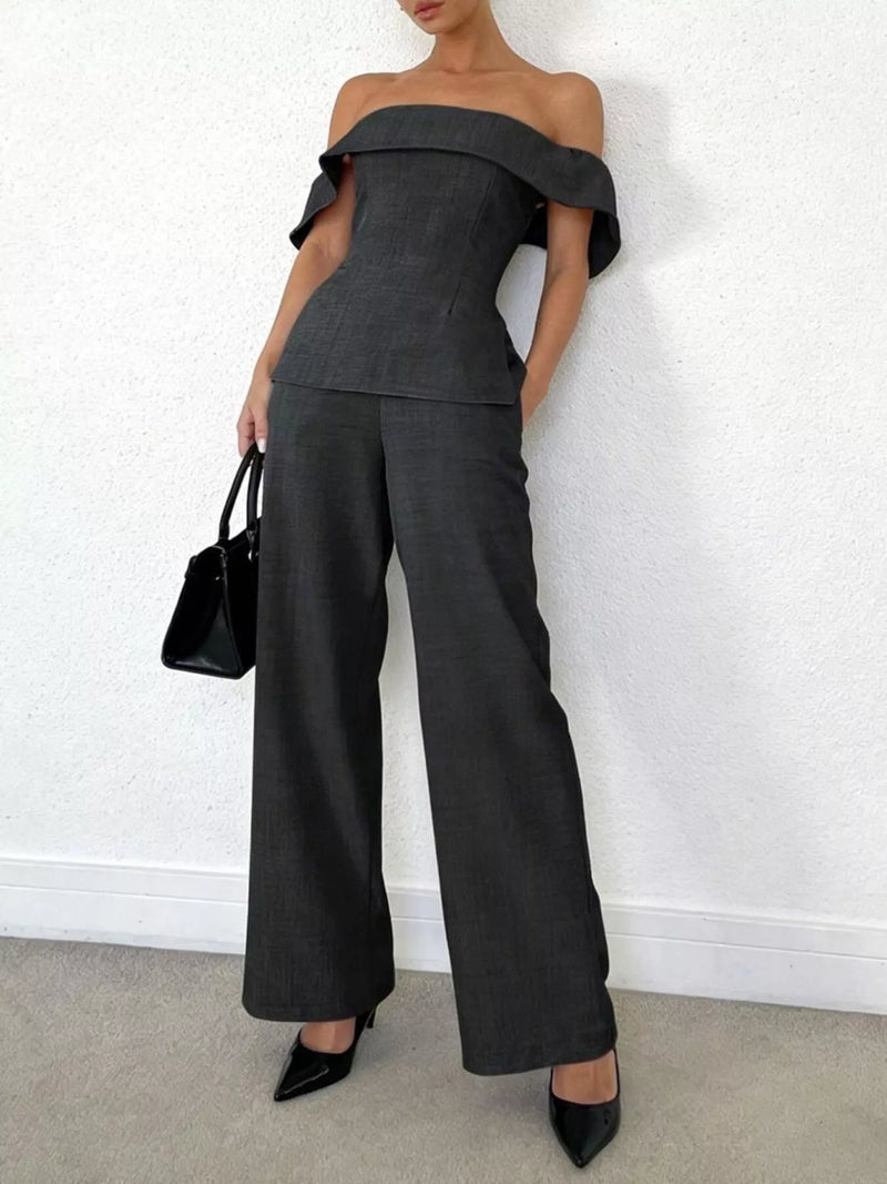Off shoulder top and wide leg pants set front