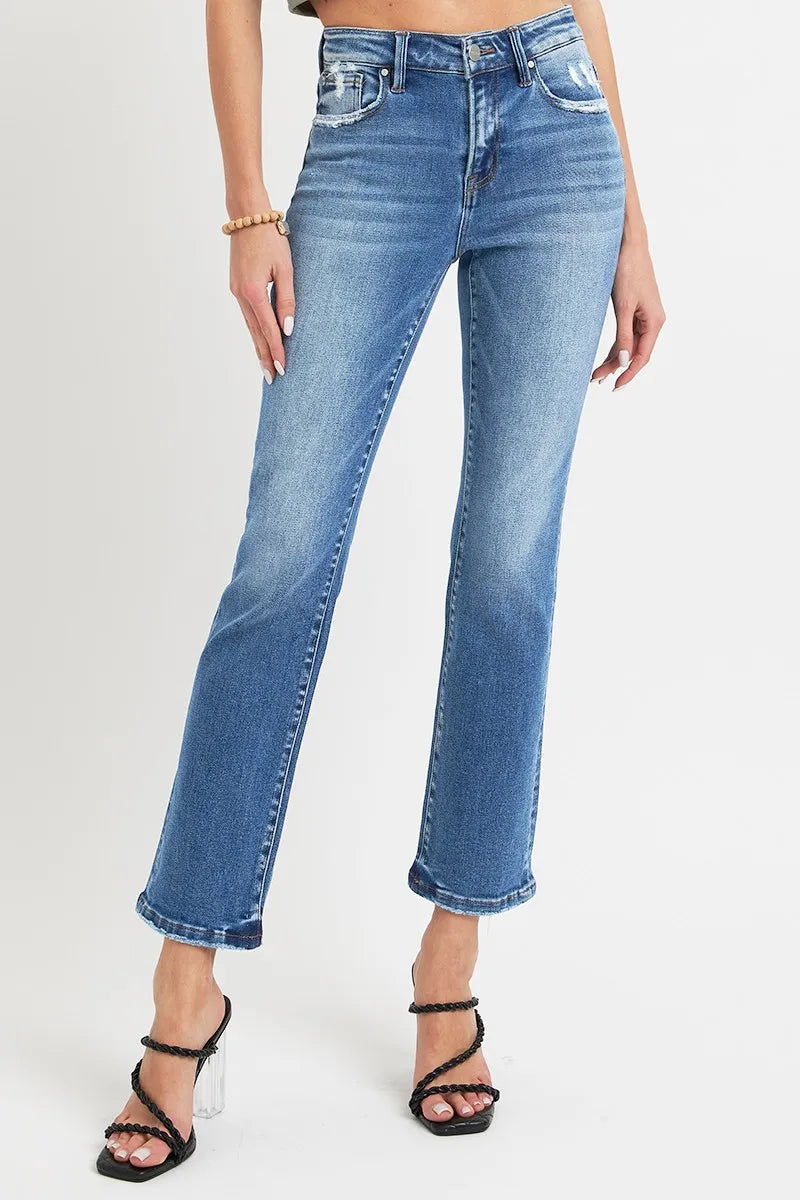 RISEN Full Size Mid Rise Ankle Straight Jeans with Pockets - Fashorio