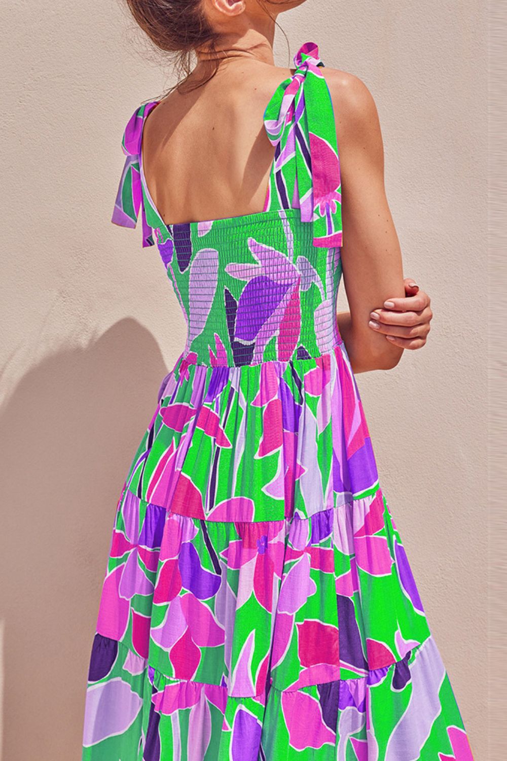 Smocked bodice floral midi dress detail