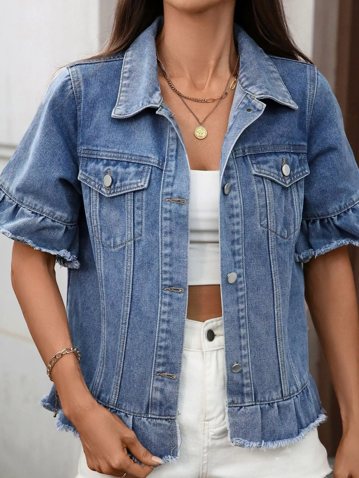 Raw Hem Button Up Denim Jacket in Blue side view
