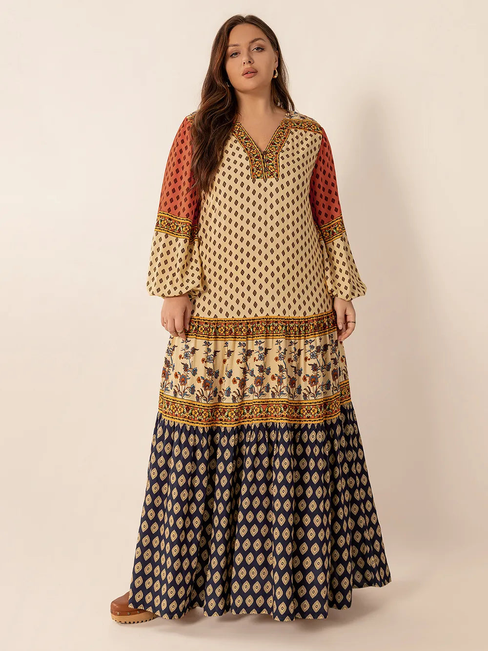 Plus size pastel yellow printed V neck maxi dress, full length styling