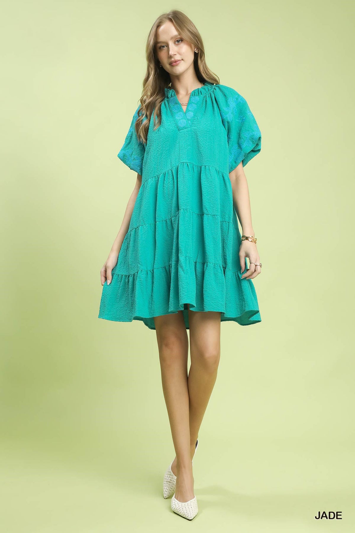 Embroidered Tiered Puff Sleeve Mini Dress styled look
