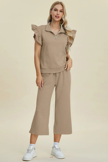 Double Take Full Size Texture Ruffle Short Sleeve Top and Wide Leg Pants Set Khaki - Fashorio