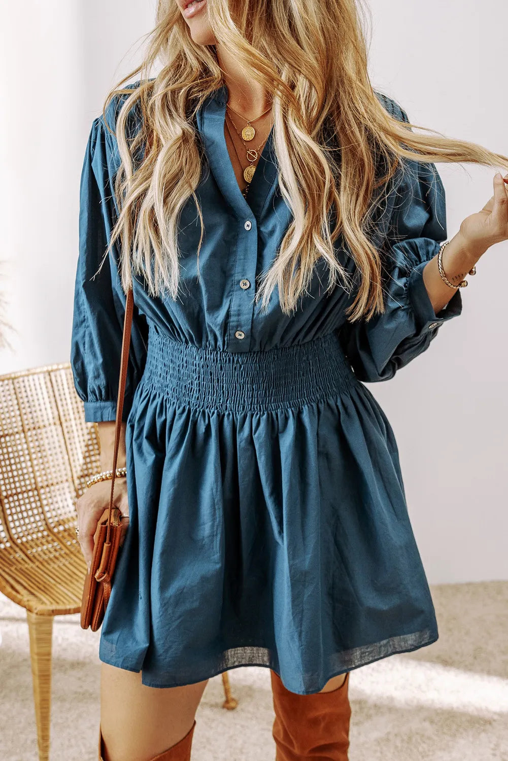 French blue smocked half button mini dress front view