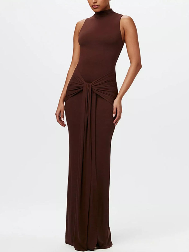 mock neck knot front maxi dress front view