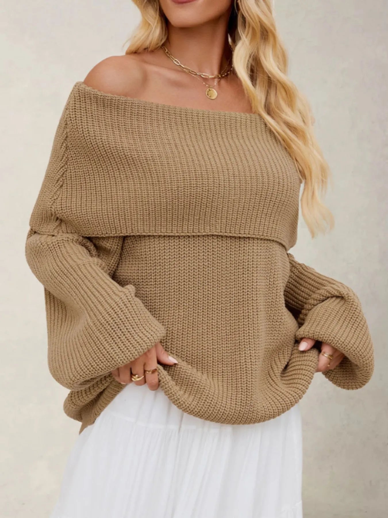 Fold-Over Collar Long Sleeve Sweater - Fashorio