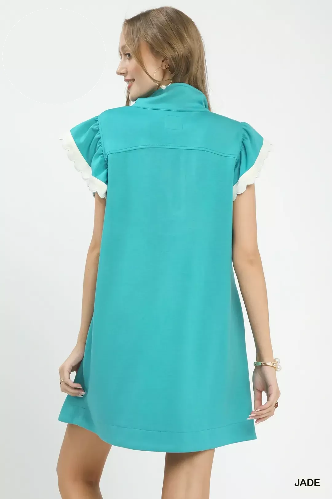 Zip Neck Flutter Sleeve Dress in Jade side view