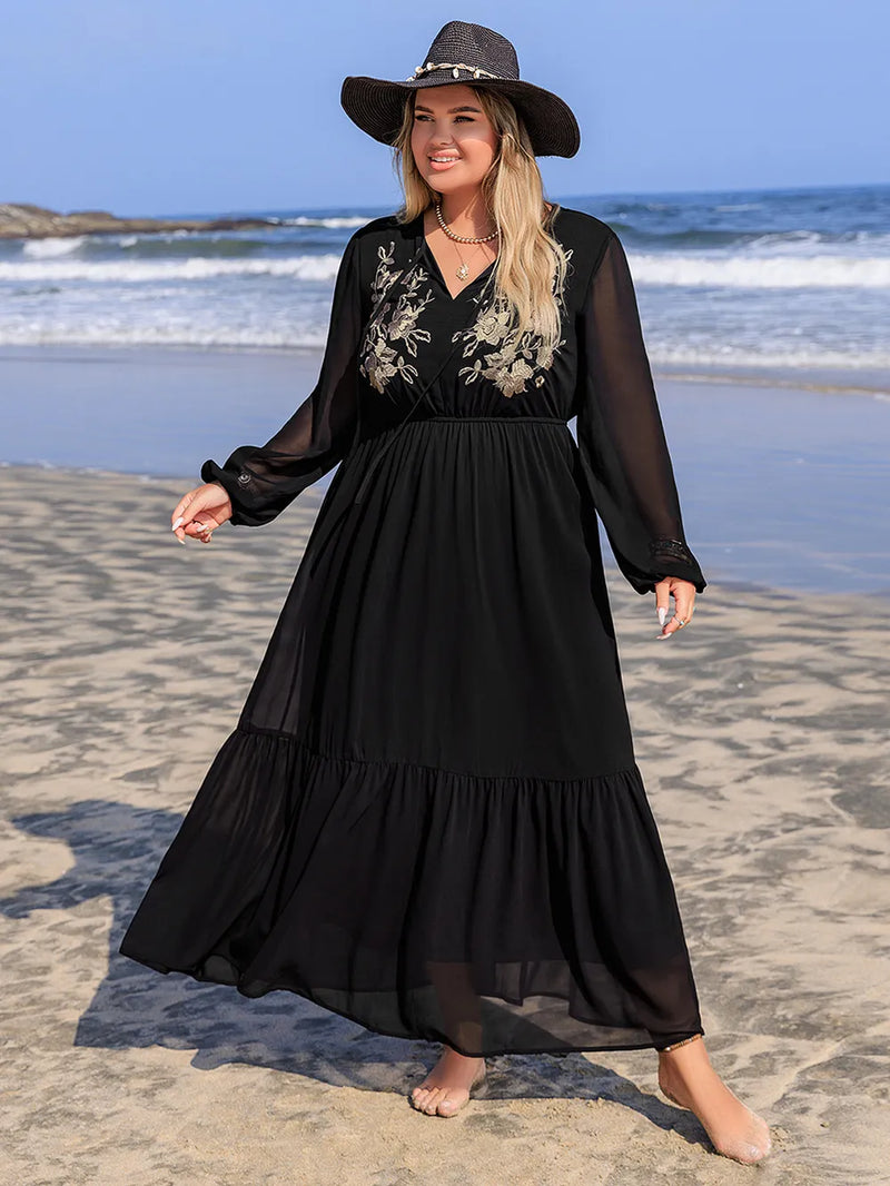 black plus size embroidered tie neck maxi dress front view