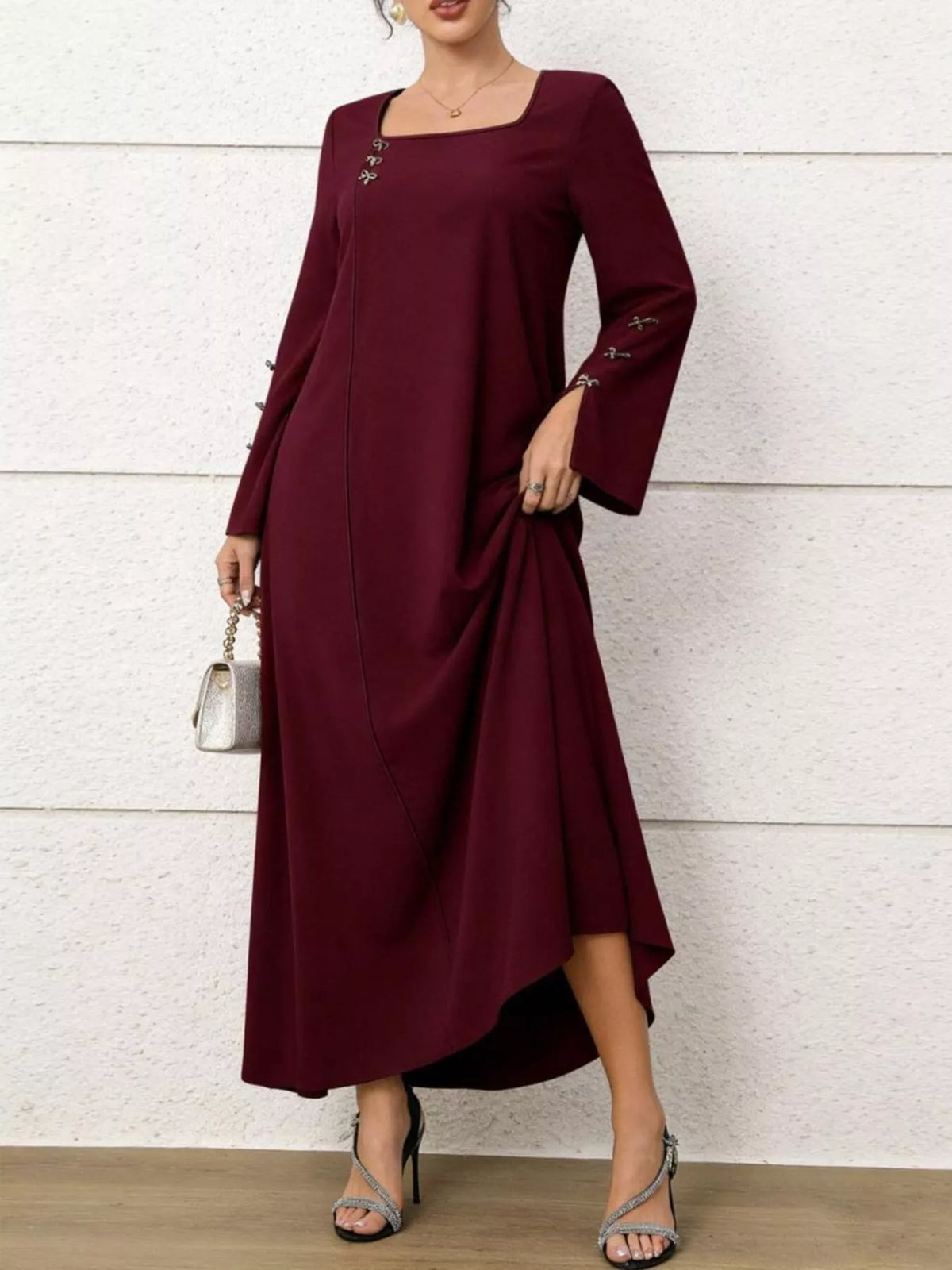 burgundy square neck maxi dress front view