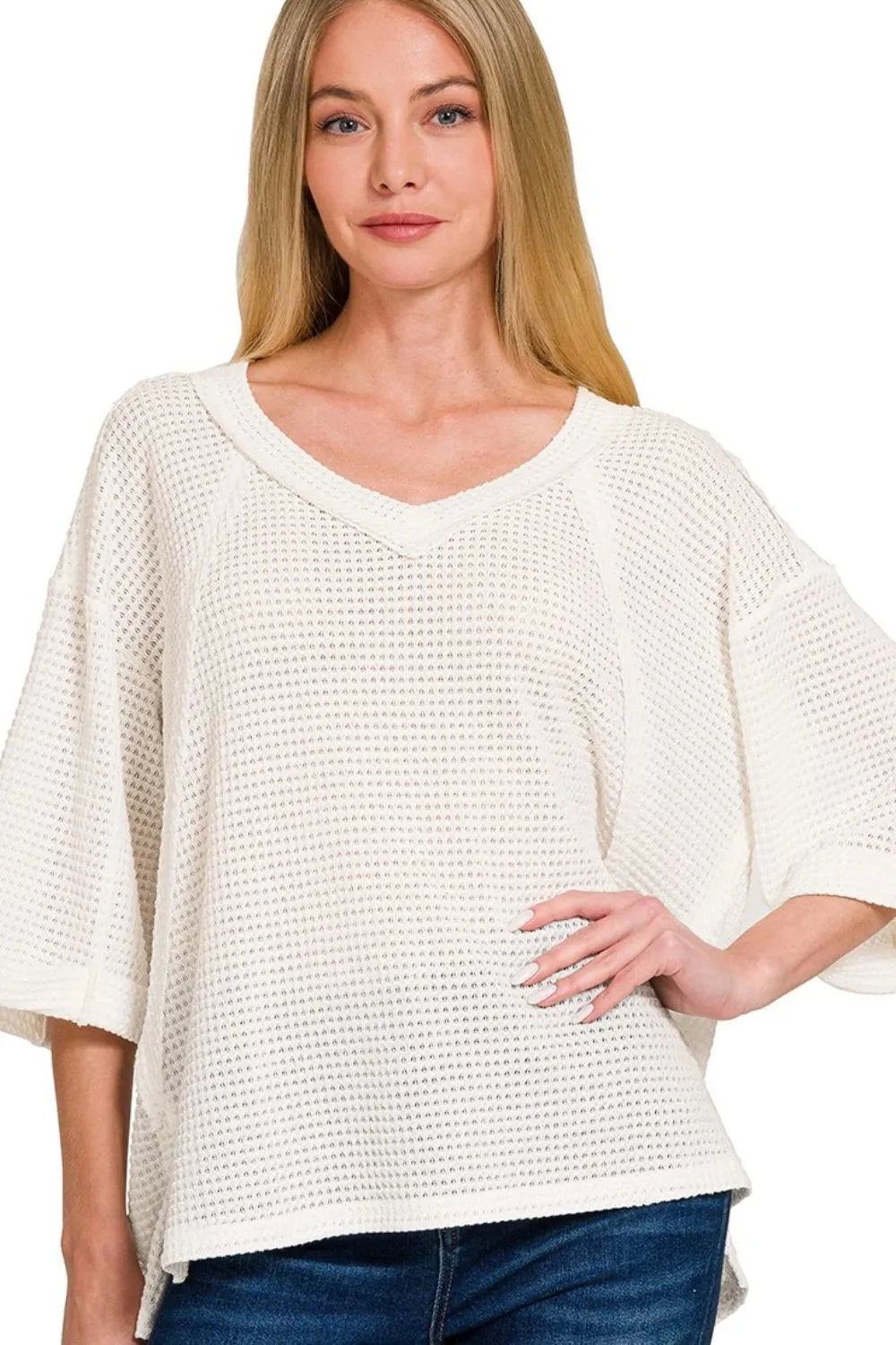 Brushed waffle v neck flare sleeve top front view