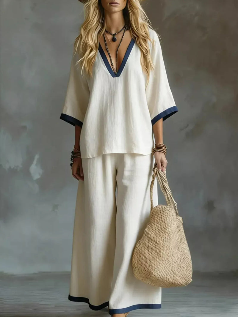 Contrast trim V neck top and pants set front view